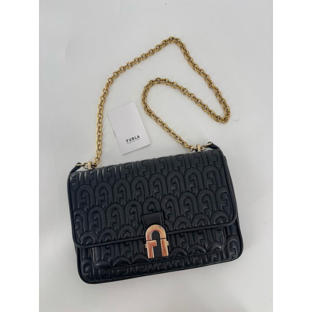 Furla Leather Crossbody Bag Medium Black Monogram Gold Chain Strap Logo Pockets